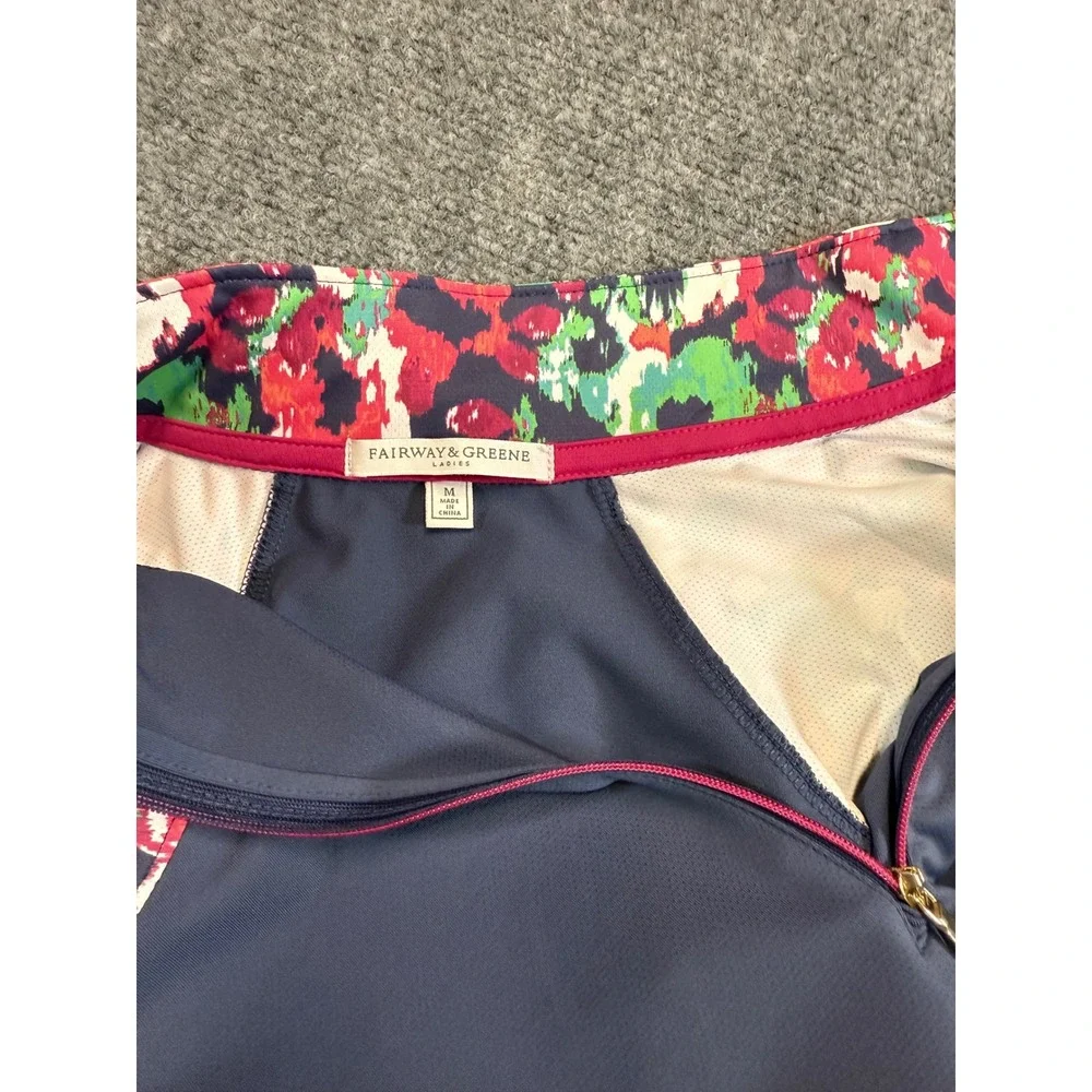 Fairway & Greene Floral Quarter Zip Pullover Size M Navy Blue EUC